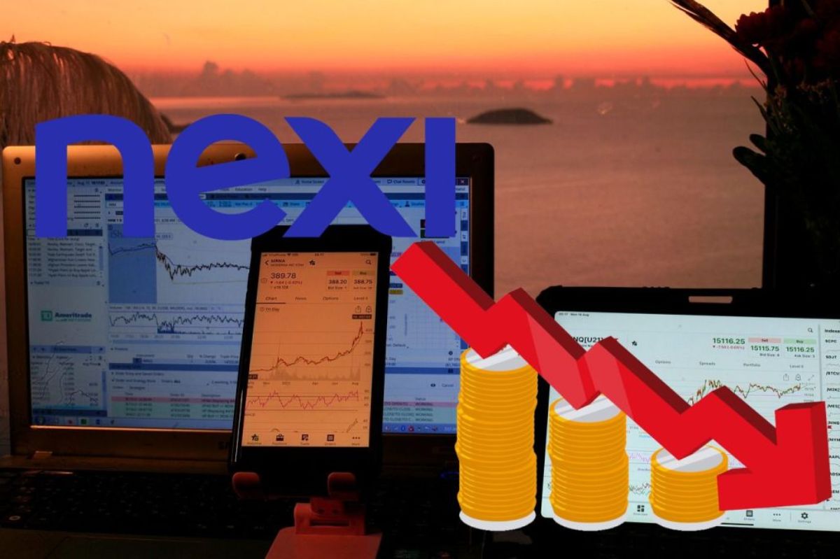 logo di Nexi e grafico in ribasso