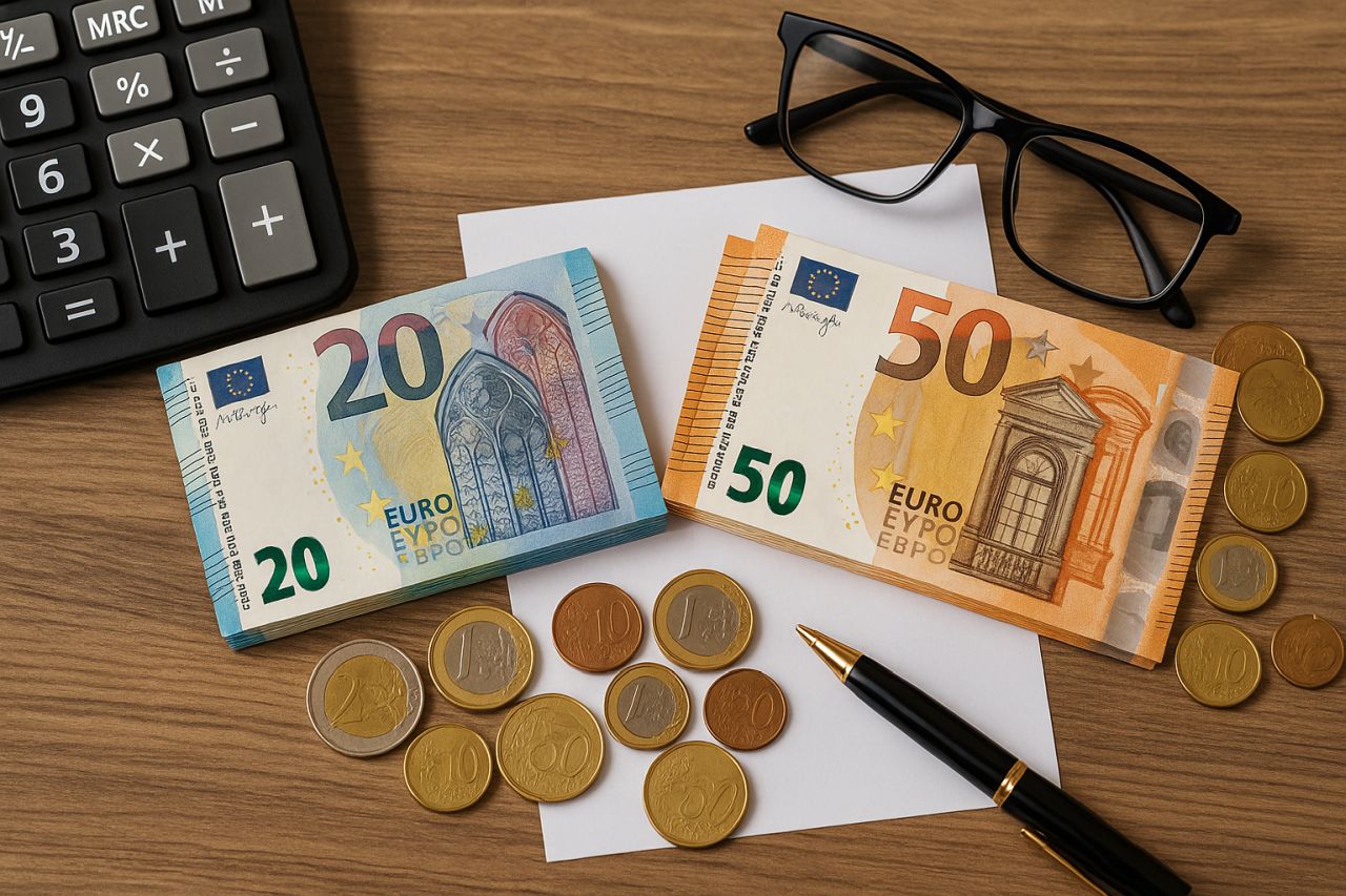 Alcune banconote in euro con delle monetine su un tavolo con una calcolatrice e un paio di occhiali da vista