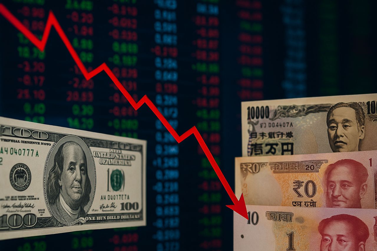 Alcune banconote in valute asiatiche e una banconota in dollari con una freccia rossa verso il basso in sovrimpressione