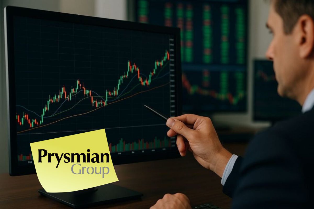 trader in azione e foglio con logo Prysmian attaccato a monitor