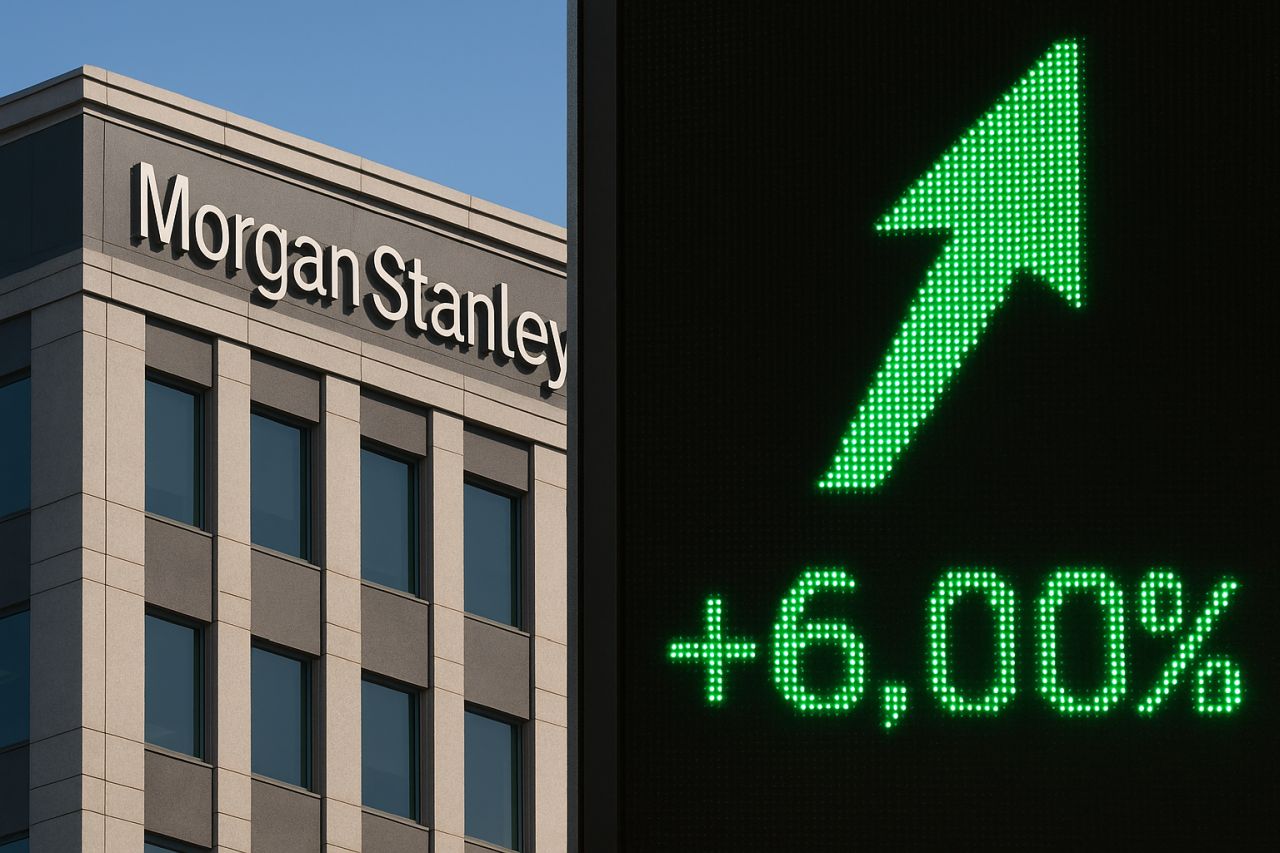 Un edificio con la scritta Morgan Stanley e in primo piano sul lato destro, un riquadro nero con una freccia verde verso l'alto