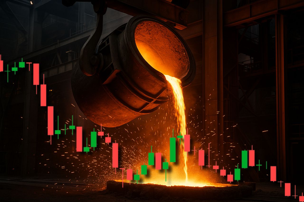 un crogiolo industriale da cui fuoriesce acciaio fuso. In sovrimpressione un grafico a candele