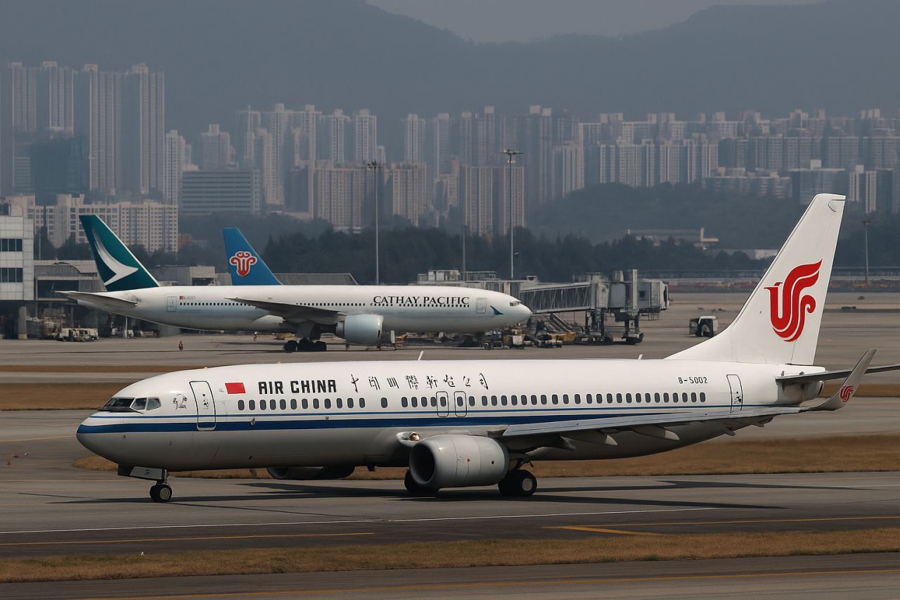 Un aereo di linea di una compagnia asiatica su una pista di atterraggio