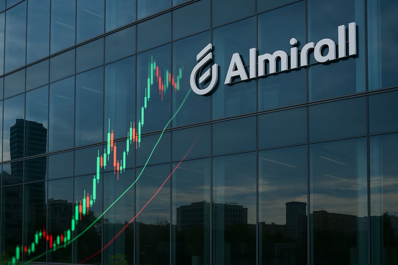 La vetrata di un palazzo con la scritta e il logo Almirall. In sovrimpressione un grafico a candele