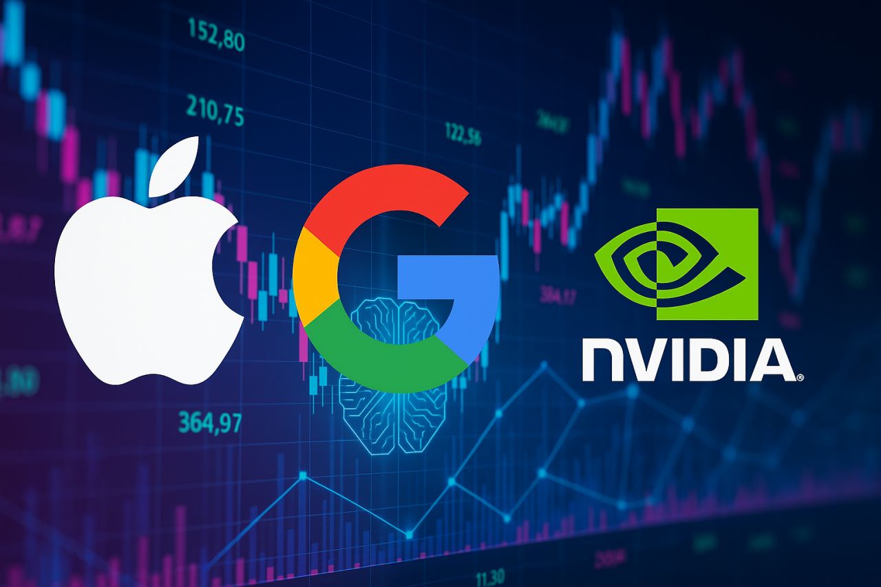 Il logo di Apple a sinistra, quello di Nvidia a destra e quello di Google al centro