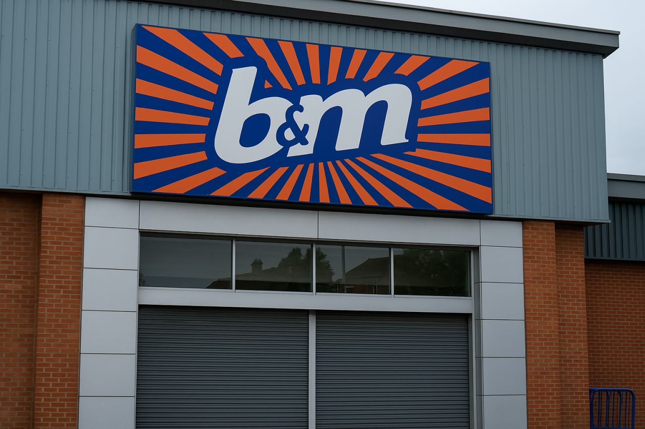 Un edificio con l'insegna b&m sull'entrata