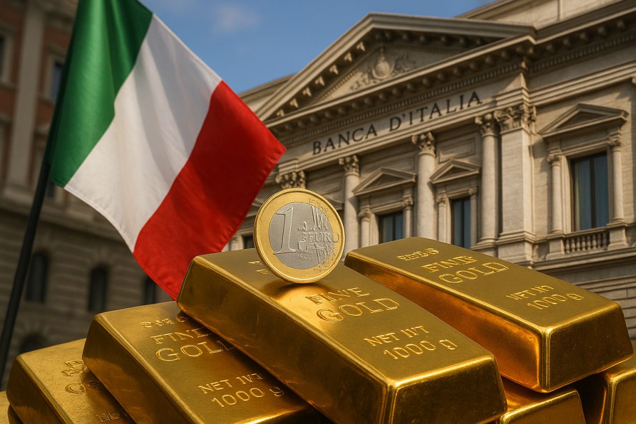 Lingotti d'oro in primo piano con una moneta da 1 euro su di essi. La bandiera dell'Italia e un edificio con la scritta Banca d'Italia sullo sfondo