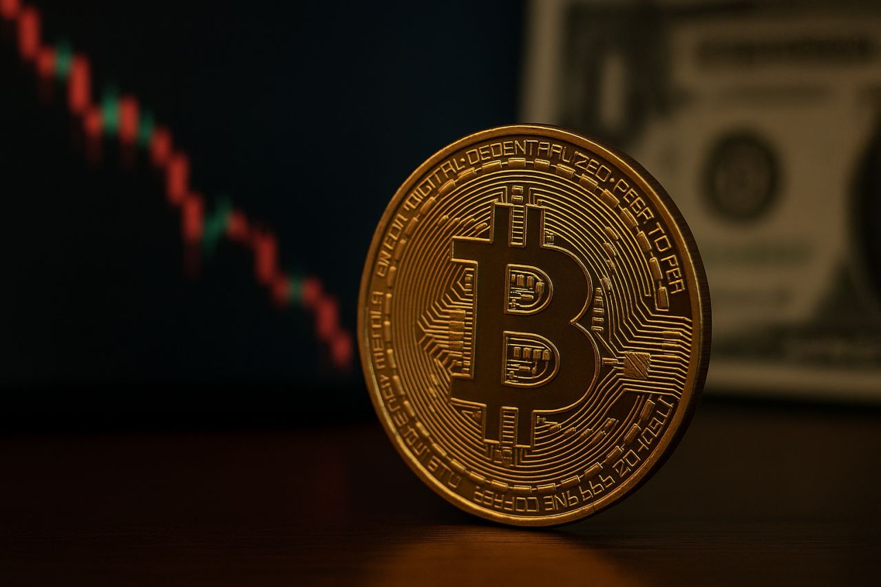 Una moneta di Bitcoin con un grafico a candele sullo sfondo