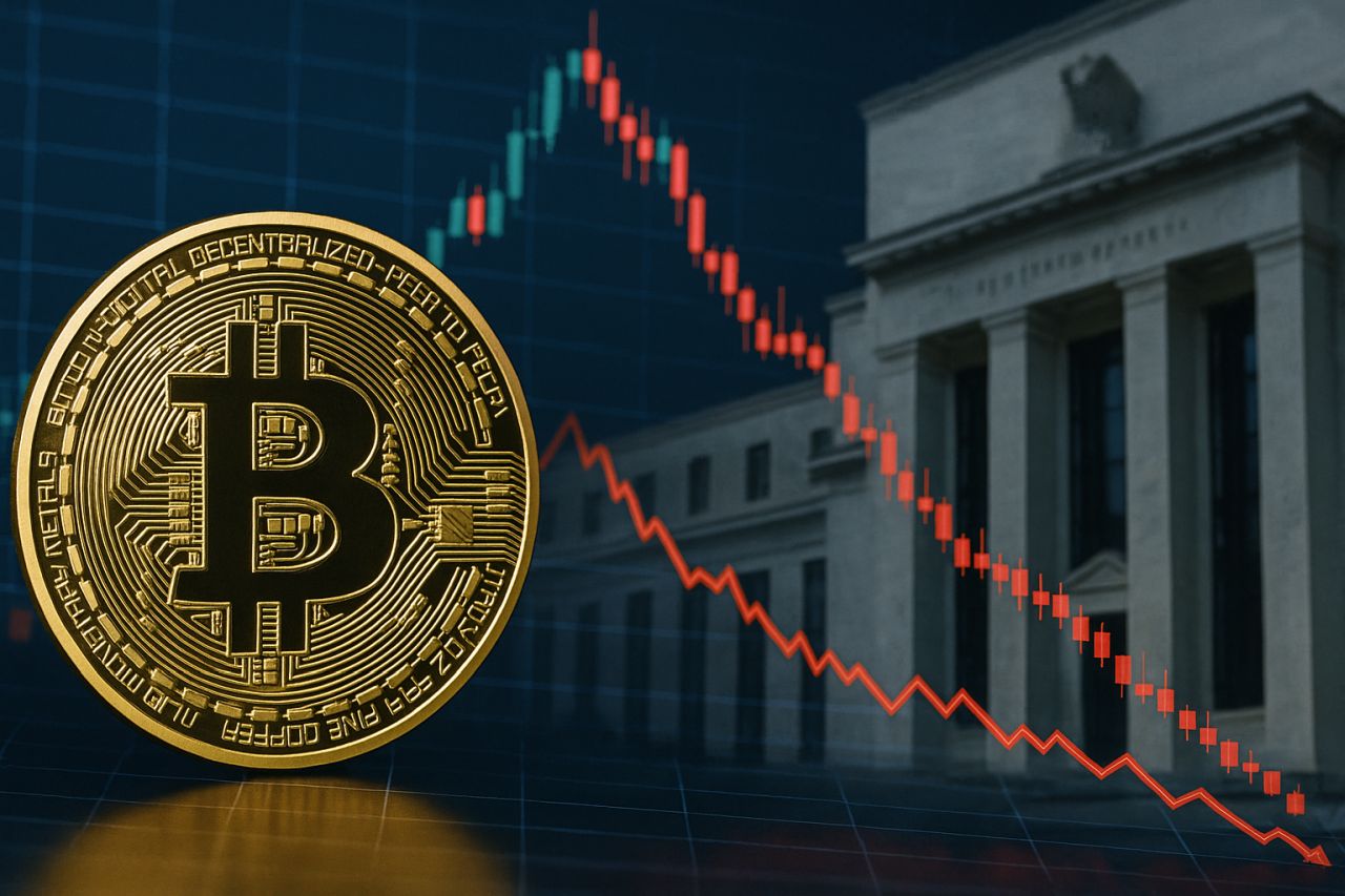 Una moneta di Bitcoin con la Fed sullo sfondo e un grafico finanziario in trasparenza