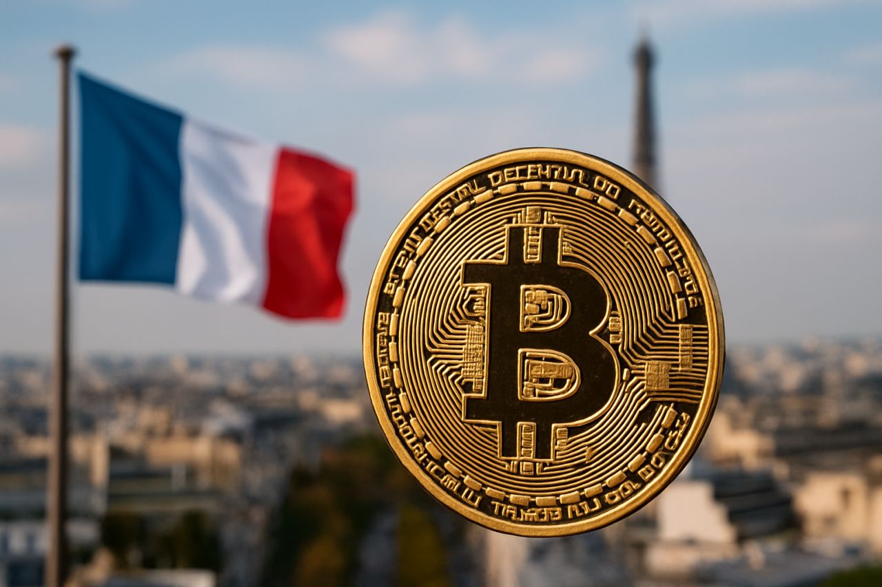 Una moneta di Bitcoin in grande al centro. Sullo sfondo uno scorcio di Parigi e la bandiera della Francia