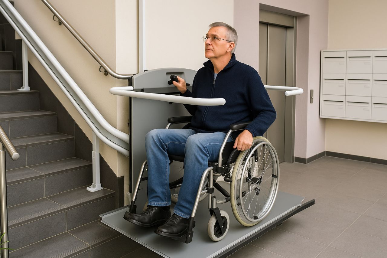 un uomo in sedia a rotelle su una piattaforma elevatrice installata su una scala all'interno di un'abitazione