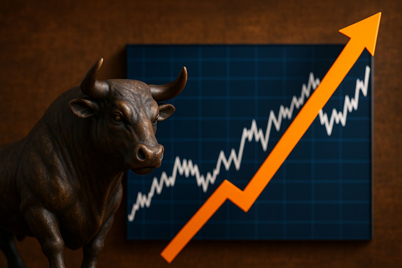 In primo piano una statuetta che raffigura un toro con accanto una freccia verso l'alto. Sullo sfondo un grafico finanziario