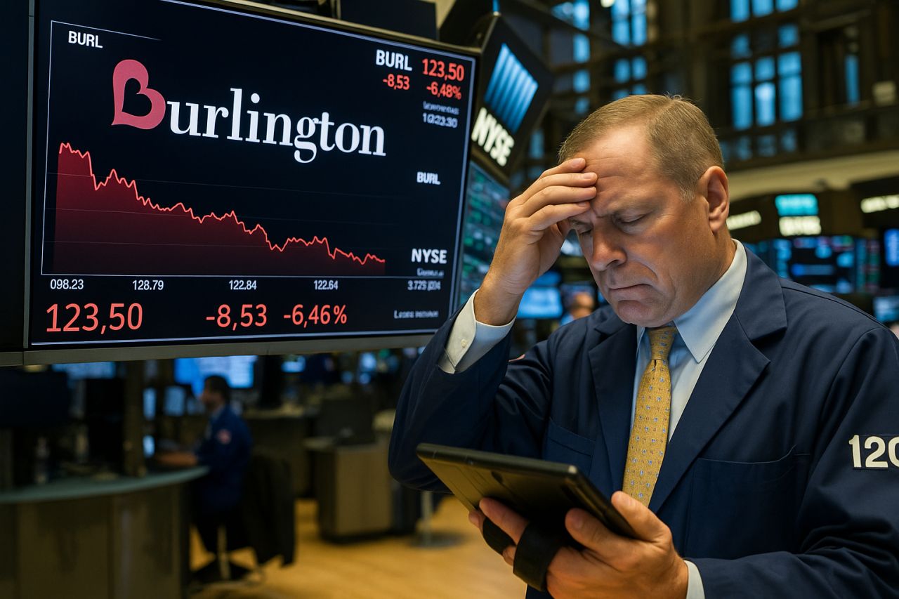 Un investitore con la mano sulla fronte. Sullo sfondo alcuni schermi con dei grafici finanziari e la scritta Burlington