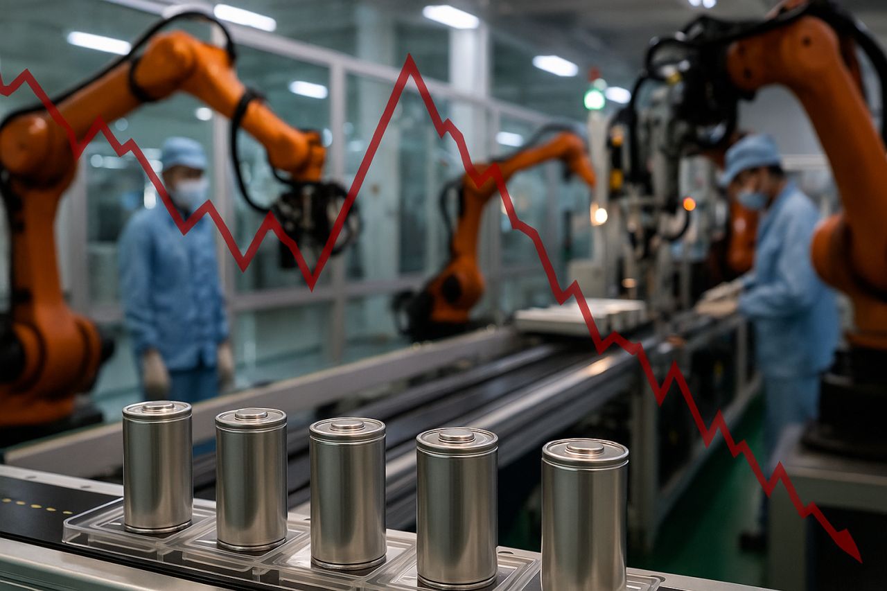 fabbrica di batterie agli ioni di litio vista dall’interno con un grafico in sovrimpressione