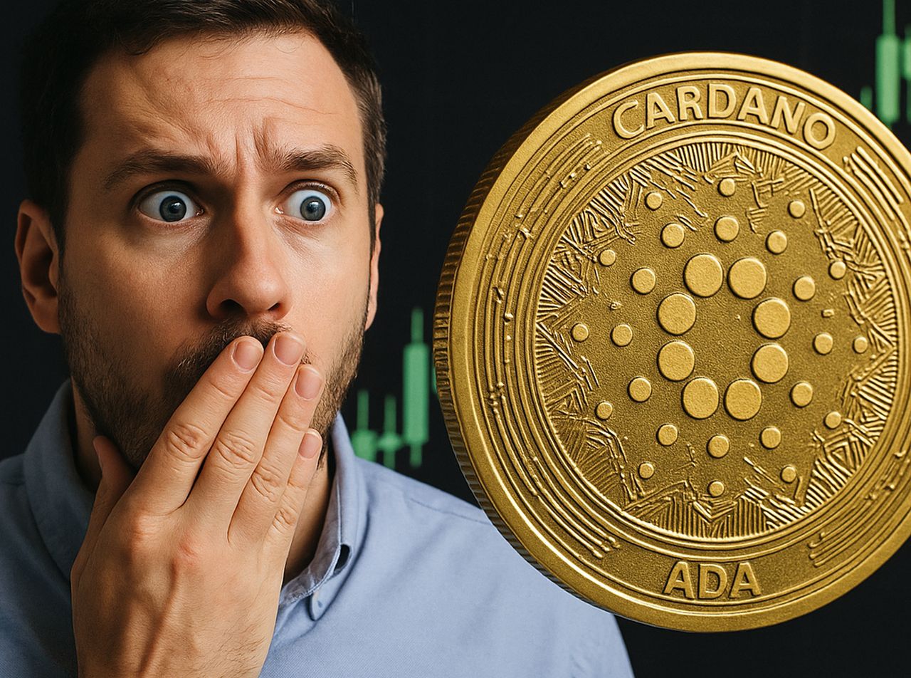 Il volto di un uomo che si porta la mano alla bocca in segno di stupore. Accanto a lui, in grande, una moneta di Cardano