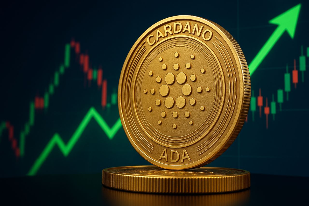 Una moneta con il simbolo di Cardano e un grafico a candele sullo sfondo
