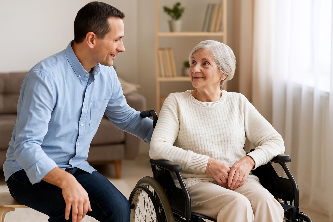 Un'anziana su una sedia a rotelle e un caregiver accanto a lei