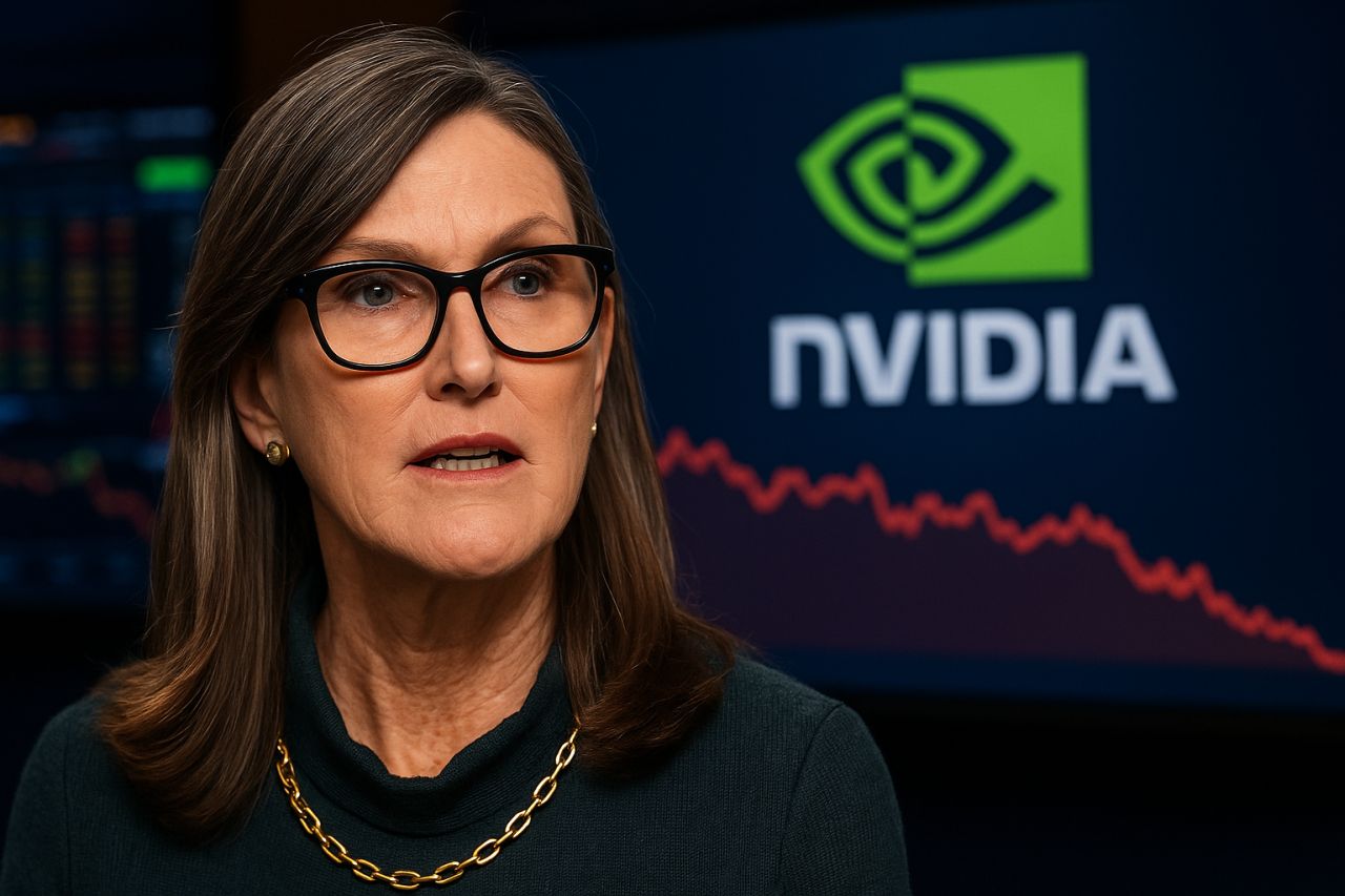 Primo piano di Cathie Wood e il logo Nvidia alle sue spalle con un grafico in discesa