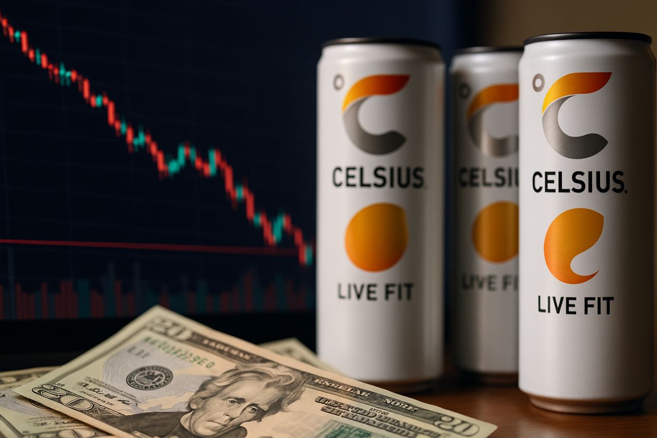 Alcune lattine con scritto Celsius, delle banconote in dollari poggiate sullo stesso piano e un grafico a candele sullo sfondo