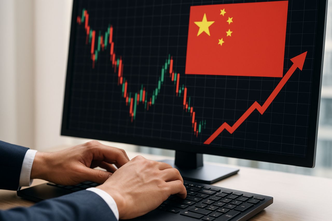 Mani che digitano su una tastiera. Sullo schermo un grafico a candele e la bandiera della Cina