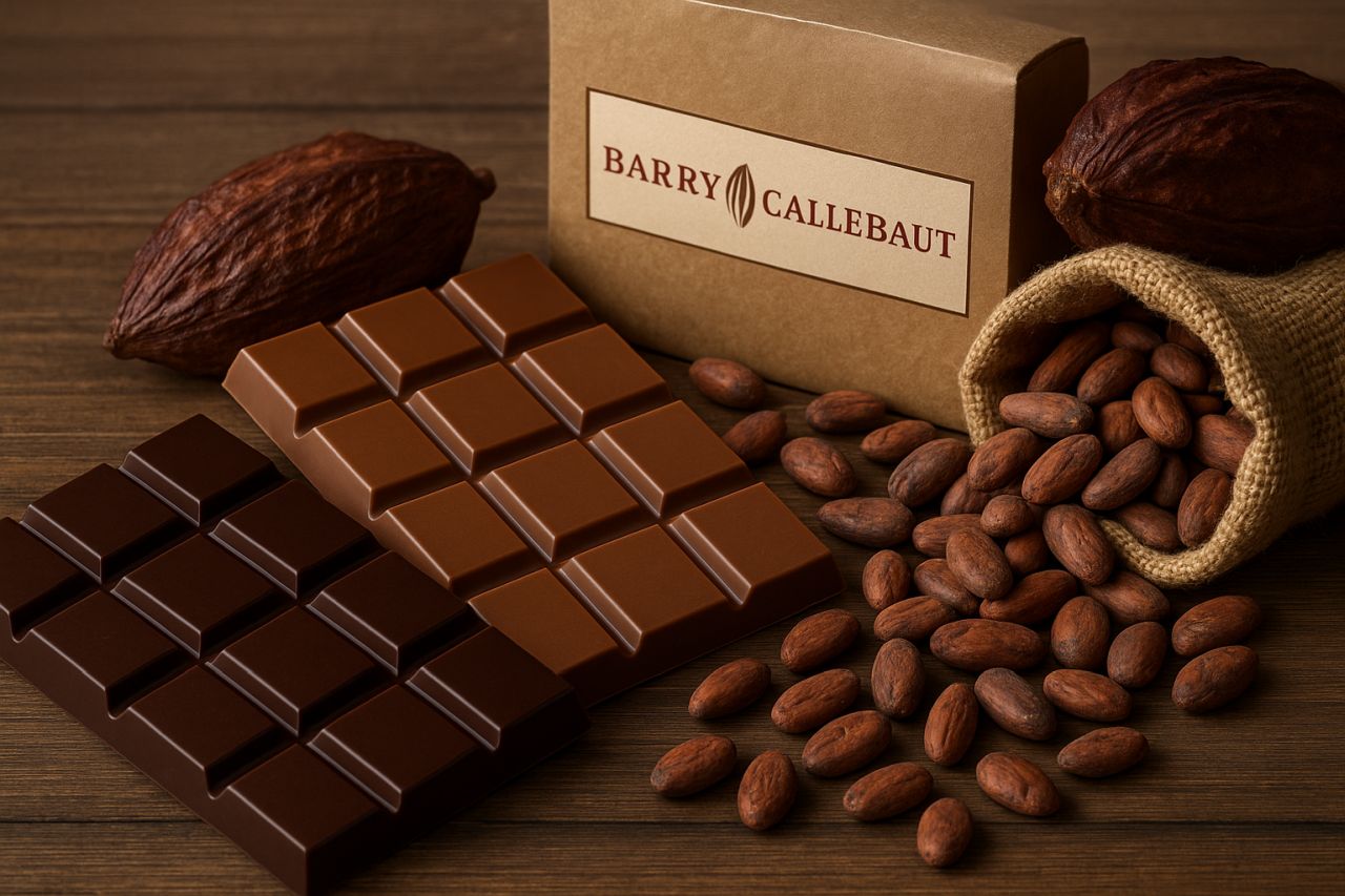 Fave di cacao e tavolette di cioccolato accanto a uno scatolino con la scritta Barry Callebaut