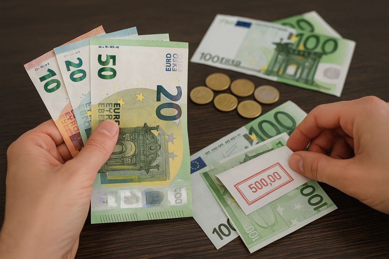 alcune banconote in euro e delle monetine disposte su un piano