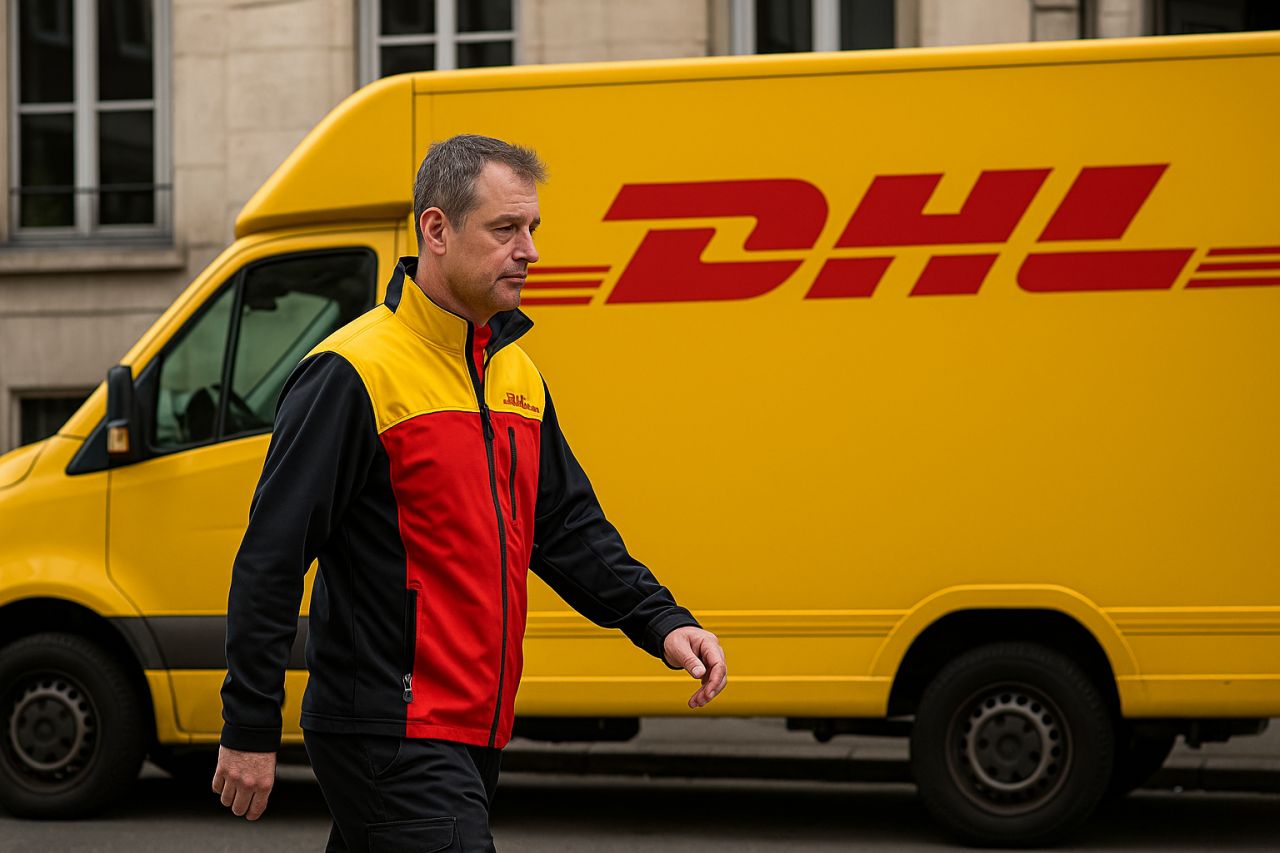 Un corriere con un furgone DHL alle spalle