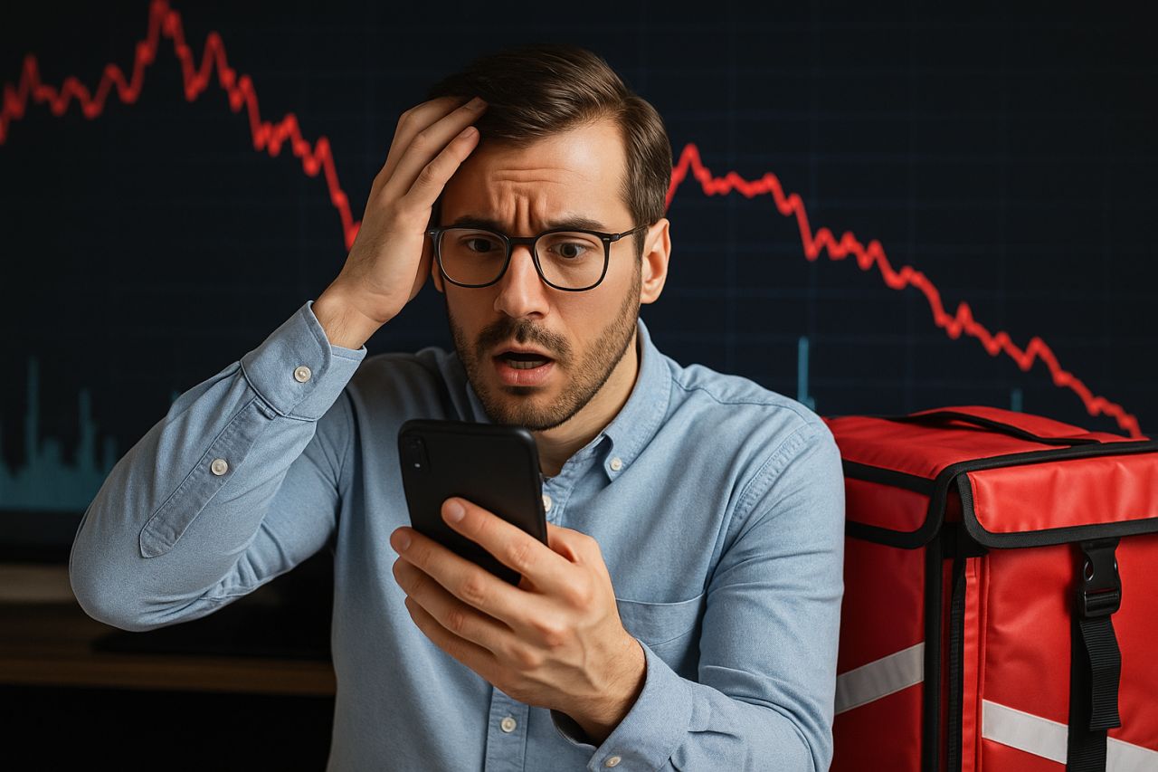 Un uomo che osserva con apprensione lo schermo del cellulare. Sullo sfondo un grafico finanziario in discesa e accanto all'uomo il bagaglio di un raider