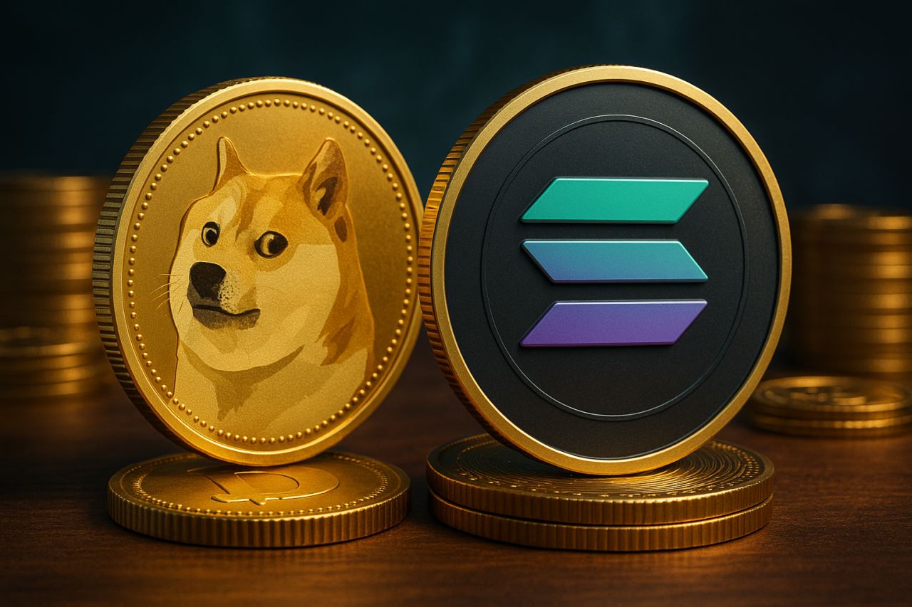 Una moneta di Dogecoin accanto a una moneta di Solana