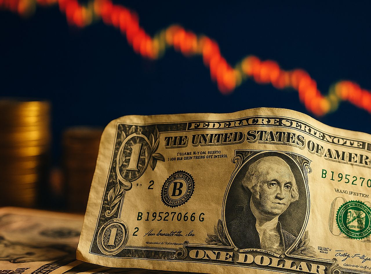 Una banconota da un dollaro con un grafico a candele sullo sfondo