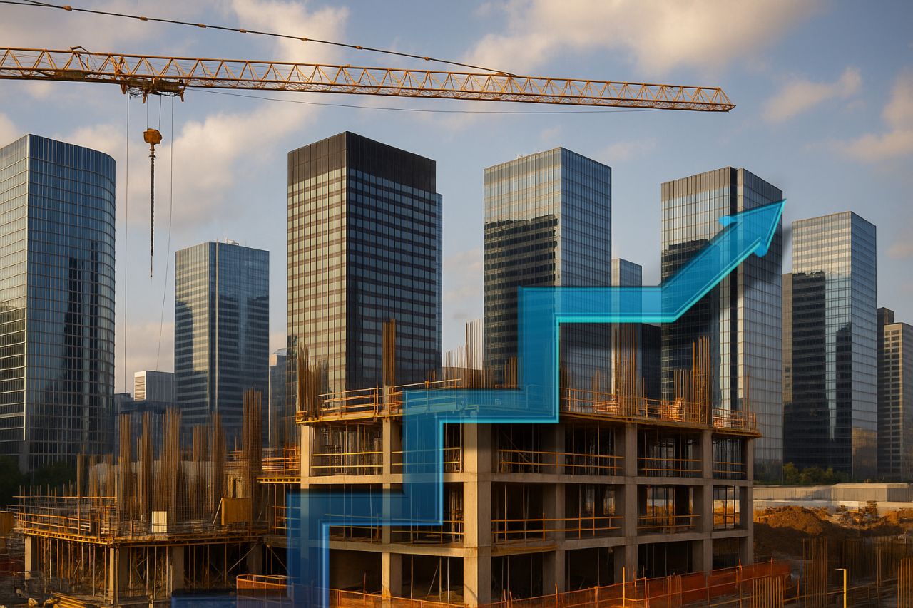 Un cantiere edile con i grattacieli di una metropoli sullo sfondo. In sovrimpressione una freccia diretta verso l'alto