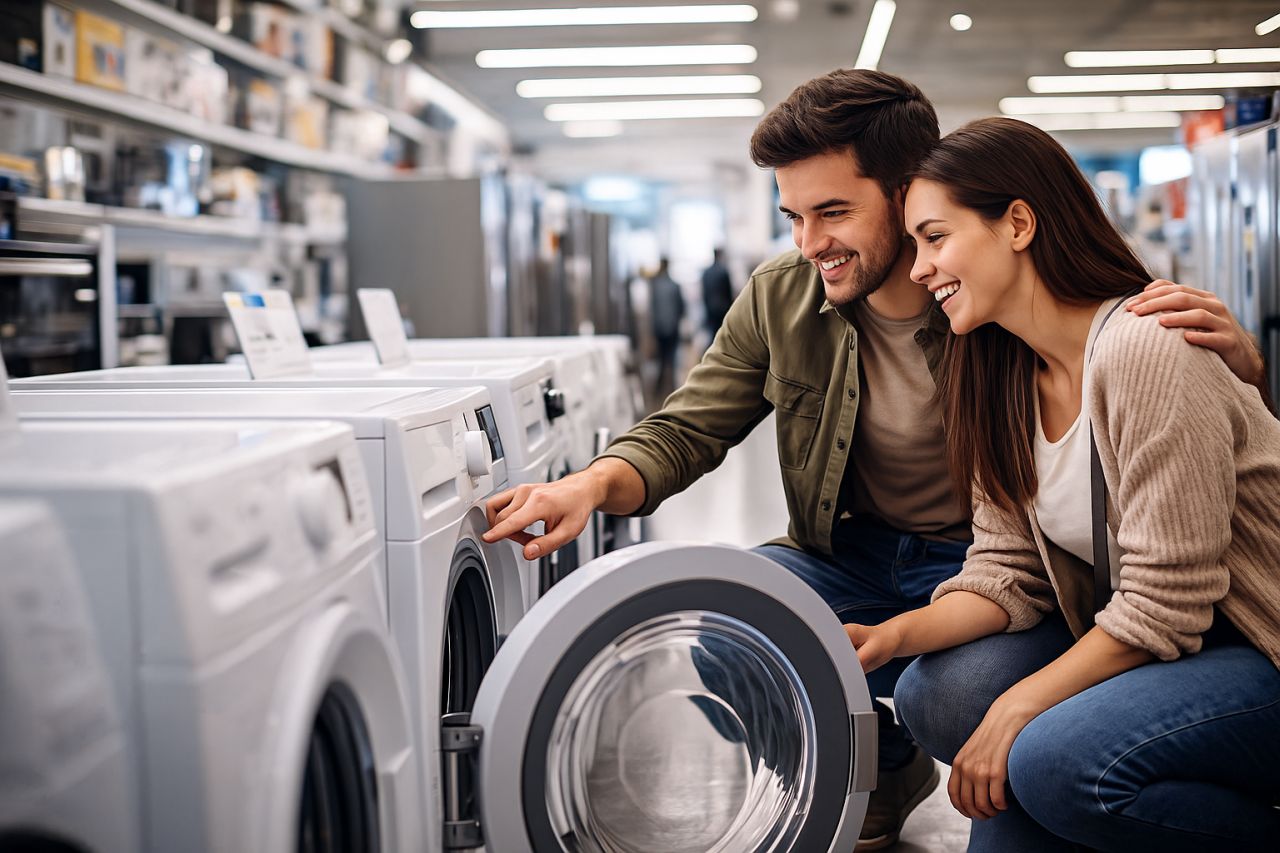 Una coppia che osserva da vicino una lavatrice in un centro commerciale