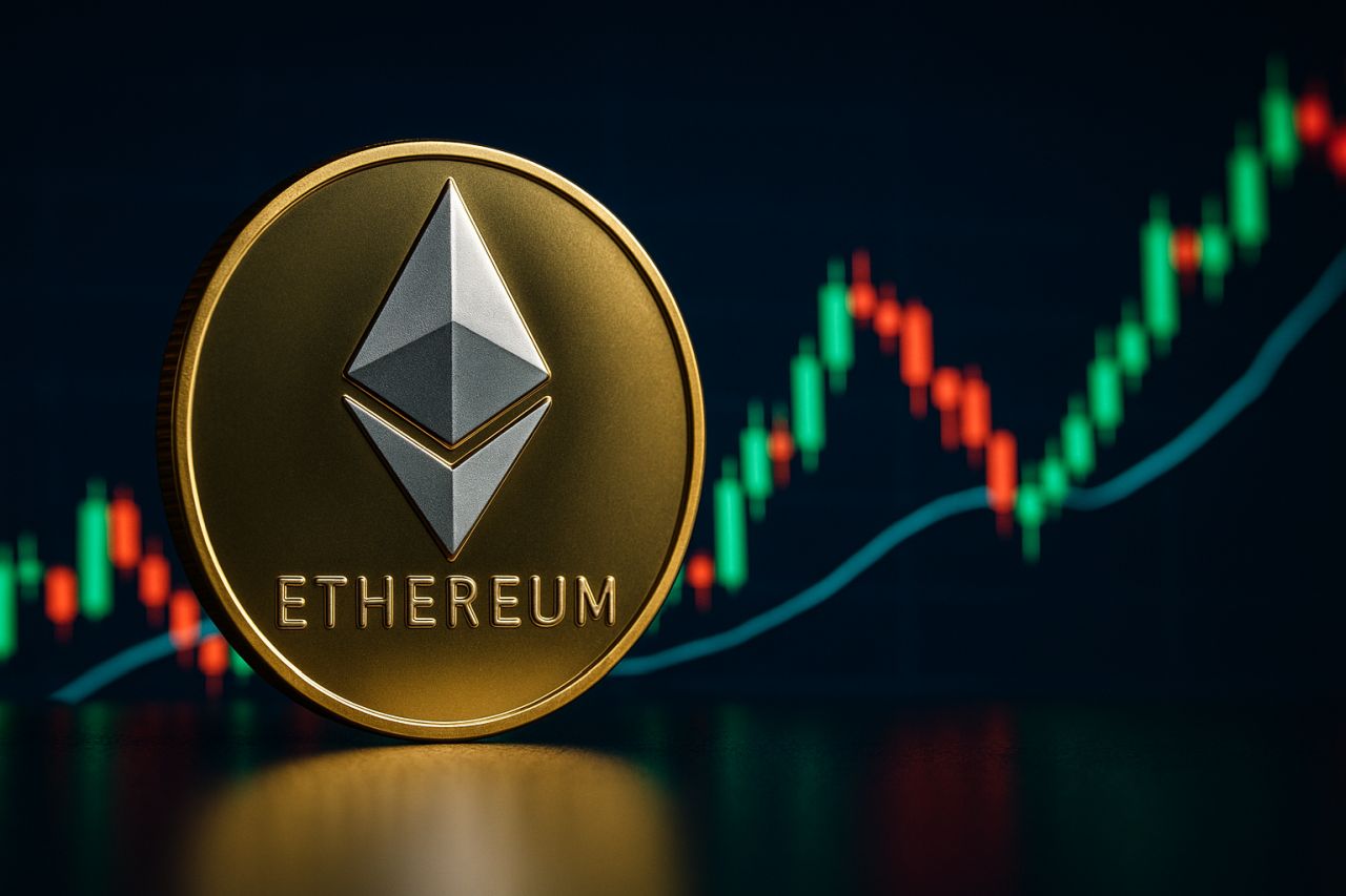 Una moneta di Ethereum con un grafico a candele sullo sfondo