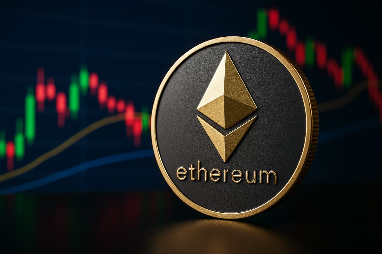 Una moneta di Ethereum con un grafico a candele sullo sfondo