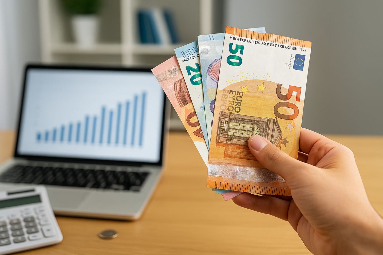 Alcune banconote in euro aperte a ventaglio tra le dita di una mano. Sullo sfondo un pc con un grafico finanziario sullo schermo