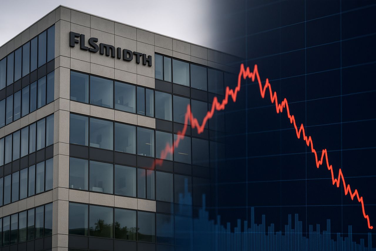 Un edificio con la scritta FLSmidth in cima. In sovrimpressione un grafico in rosso