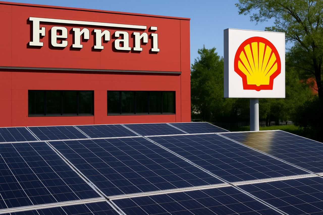 Pannelli solari con la scritta Ferrari e il logo Shell vicino