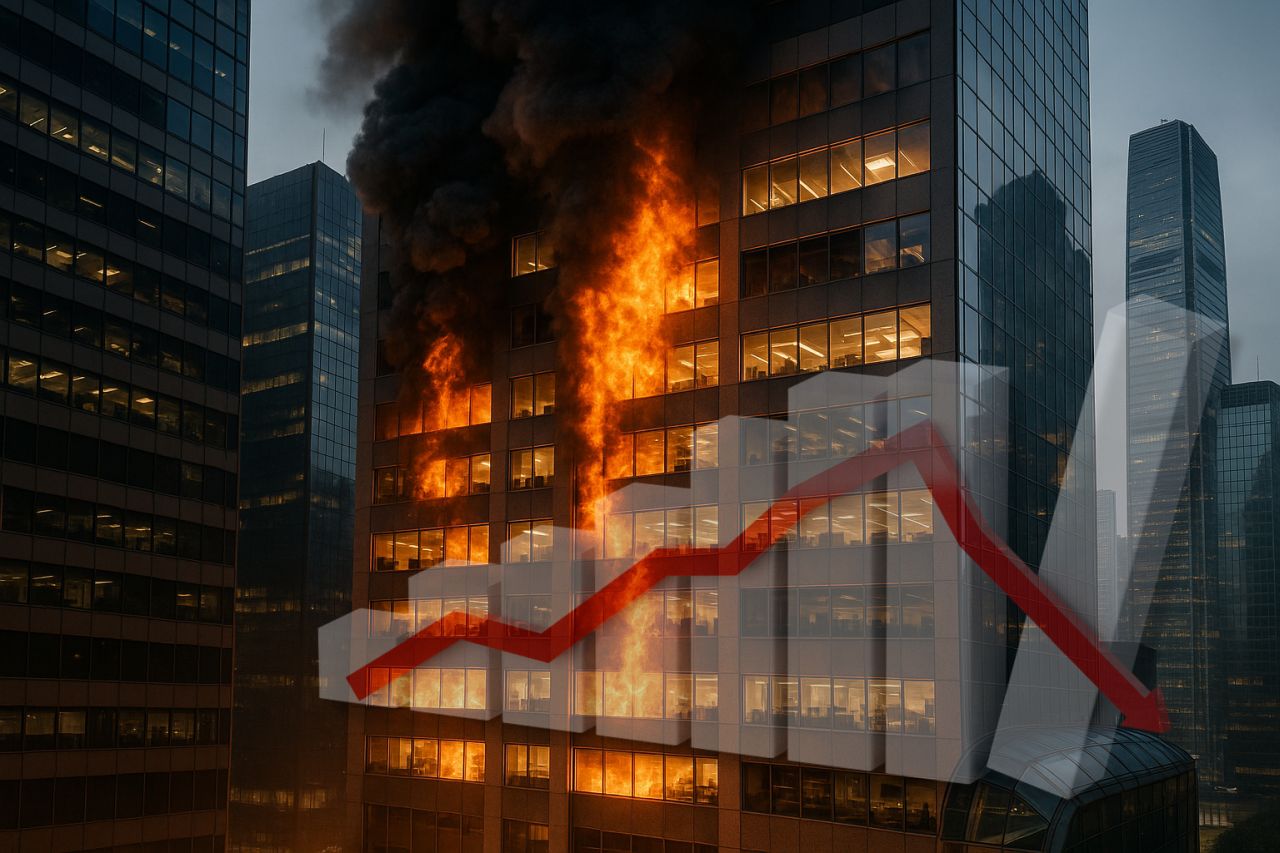 Un grattacielo in fiamme e un grafico a colonne che crolla in sovrimpressione