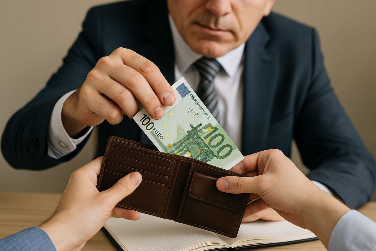 Una banconota da 100 euro che passa dalle mani di una persone nelle mani di un'altra