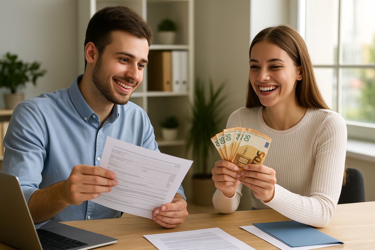 Un uomo e una donna seduti a una scrivania, lui con dei fogli in mano e lei con delle banconote da 50 euro