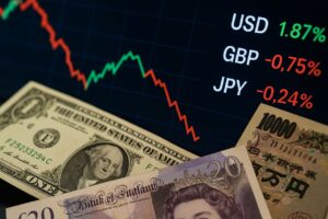 Alcune banconote in dollari e sterline. Sullo sfondo dei grafici finanziari