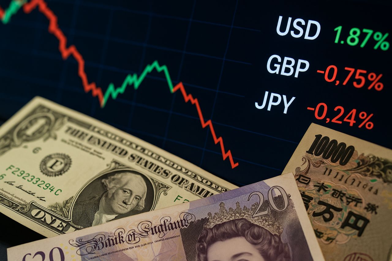 Alcune banconote in dollari e sterline. Sullo sfondo dei grafici finanziari