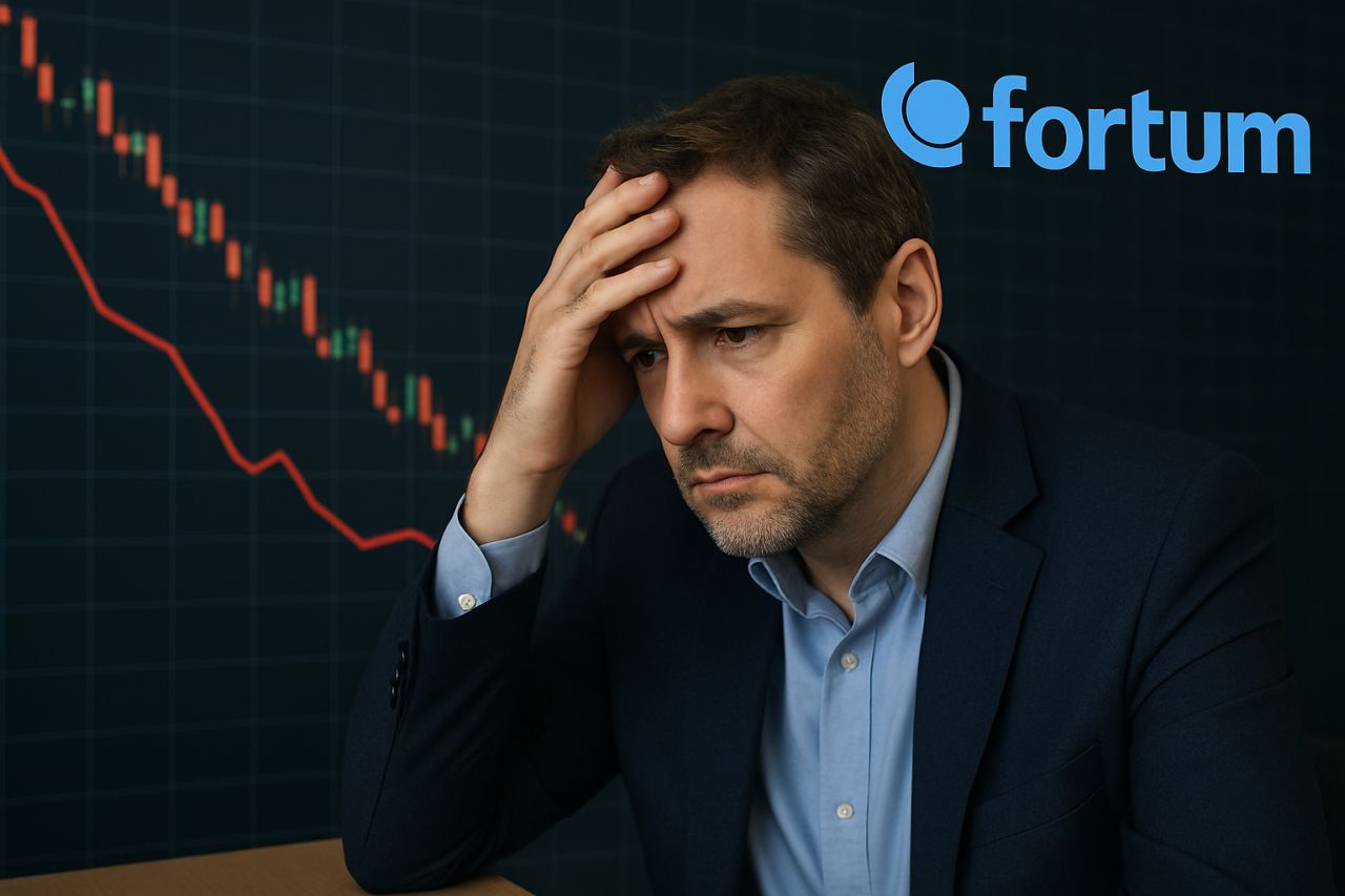 Primo piano di un trader con la mano sulla fronte e un grafico finanziario in discesa sullo sfondo insieme al logo fortum