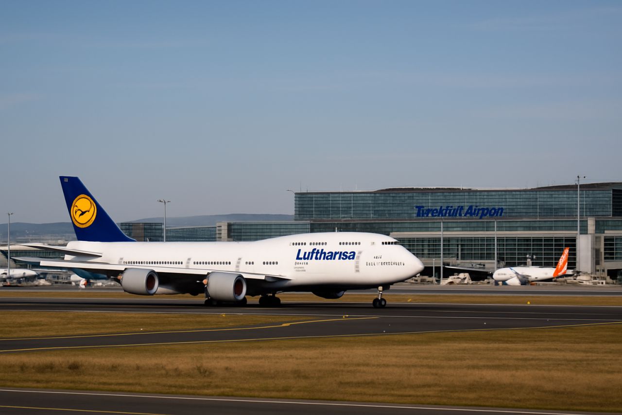 Un aereo di linea Lufthansa sulla pista di atterraggio