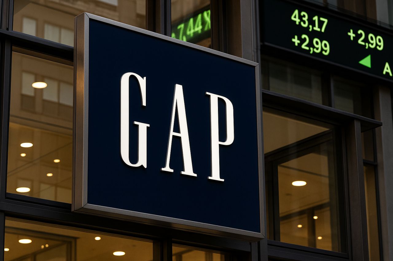 Insegna GAP su una vetrata. In alto a destra un tabellone con le cifre che indicano l'andamento di titoli di Borsa