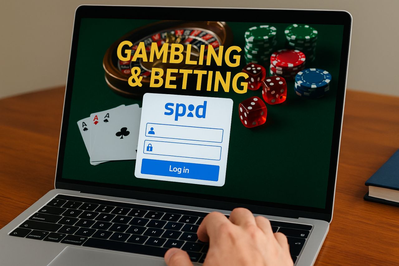 La schermata di un laptop con la scritta Gambling & Betting e una finestra con la scritta Spid in sovrimpressione