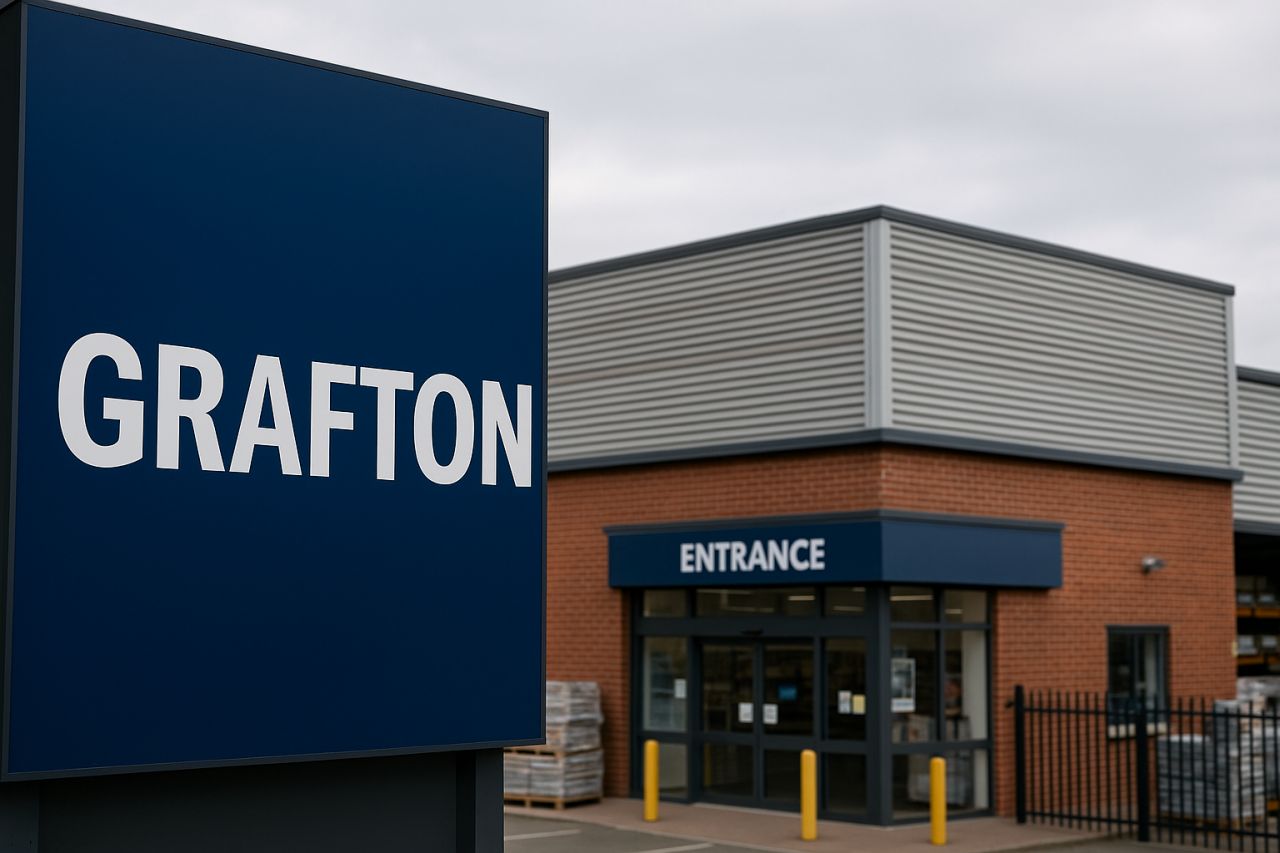 in primo piano sulla sinistra un totem pubblicitario con la scritta Grafton. Sullo sfondo una delle sedi