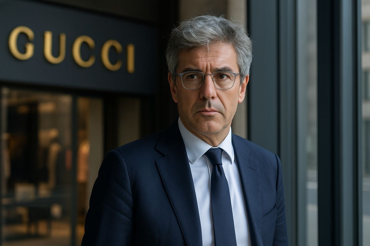 Primo piano di un uomo di mezza età in giacca e cravatta. Sullo sfondo la scritta Gucci sull'entrata di un punto vendita