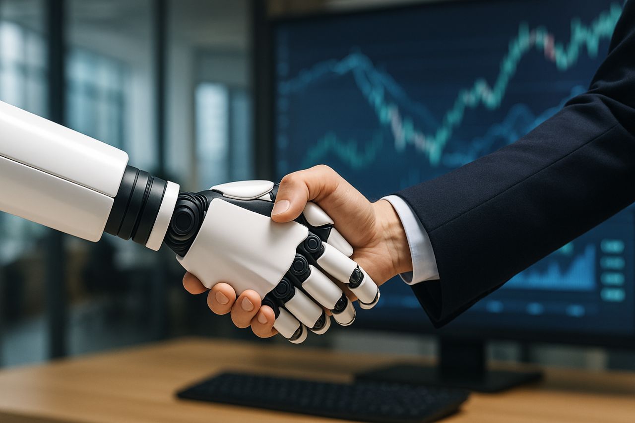 Una mano umana che stringe la mano di un robot. Sullo sfondo uno schermo con dei grafici finanziari