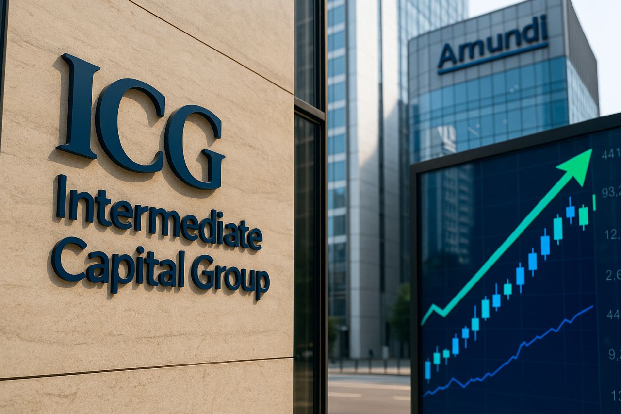 La scritta ICG su una parete con un grafico in crescita su uno schermo accanto ad essa